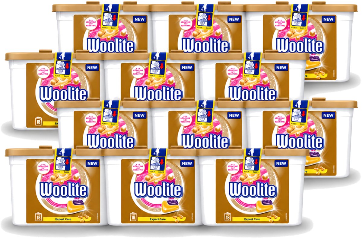 12 x Woolite Expert Care - Wasmiddelcapsules - Met Keratine - Delicate Was - 18 Wasbeurten - Voordeelverpakking - 12 stuks