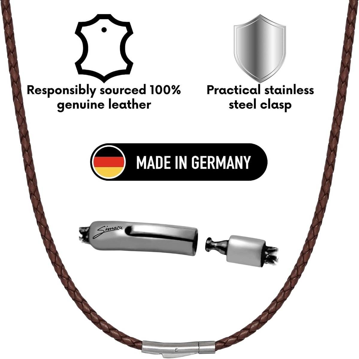 Simaru 3 mm genuine leather necklace, stylish, durable and with sturdy spring hook closure, for men and women - ShopVlot