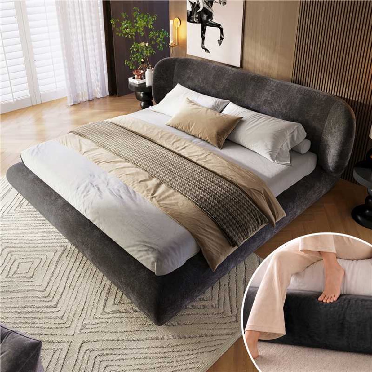 DESMIU Gestoffeerd Bed 160 x 200 cm – Tweepersoonsbed met Hoofdbord en Lattenbodem – Afgeronde Hoeken – Chenille – Grijs – Zonder Matras