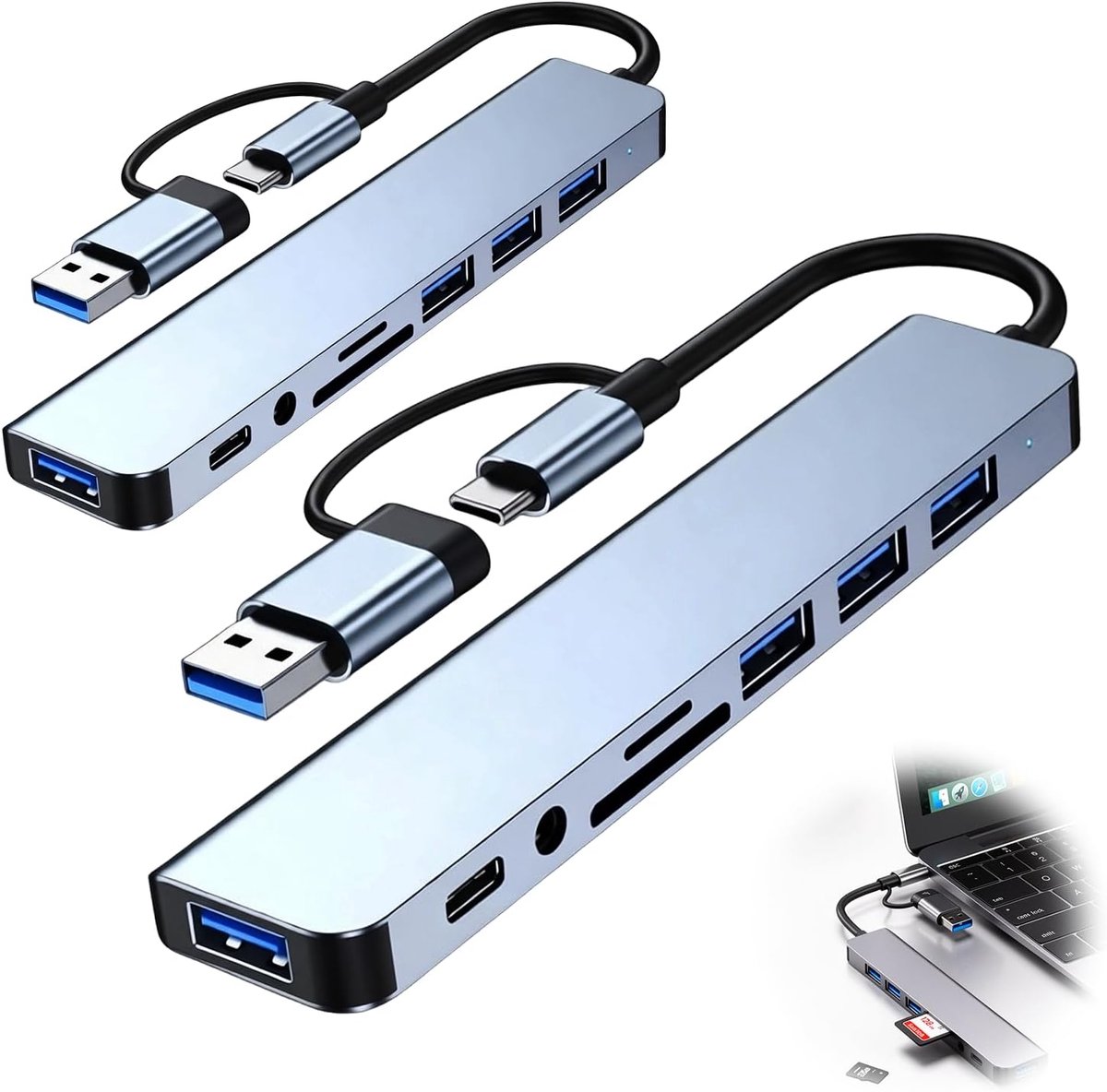 2 stuks 3,5 mm USB C-hub, 8-in-1 USB hub 3.0 multiport adapter met TF/SD-kaartlezer, USB C naar RJ45 LAN-adapter met - ShopVlot