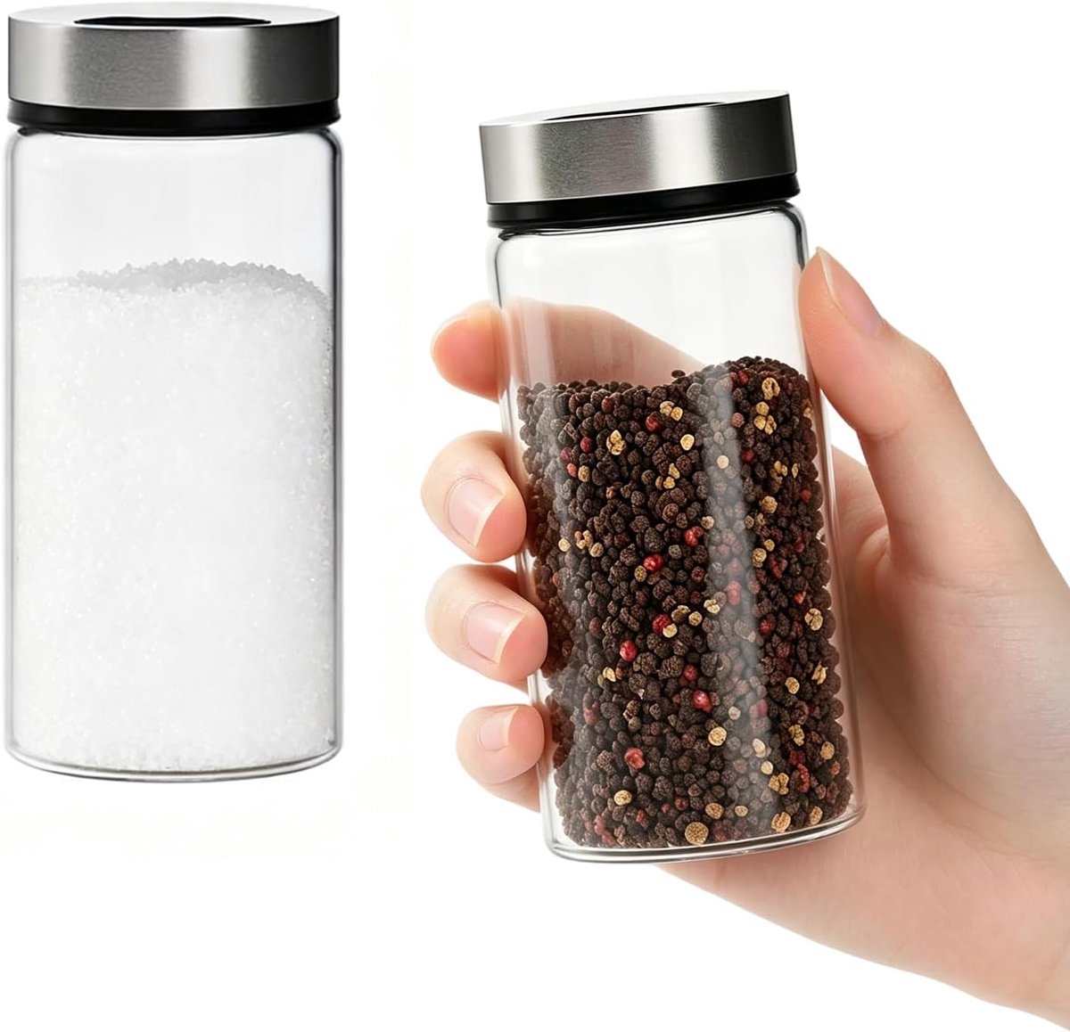 SnelShoppen - 2 Stuks Mini Zout- en Peperstrooierset, 4-in-1 Zoutstrooier Glas 170 ml met Verstelbare Tuiten, Luchtdicht, Roestvrij Staal Deksel voor