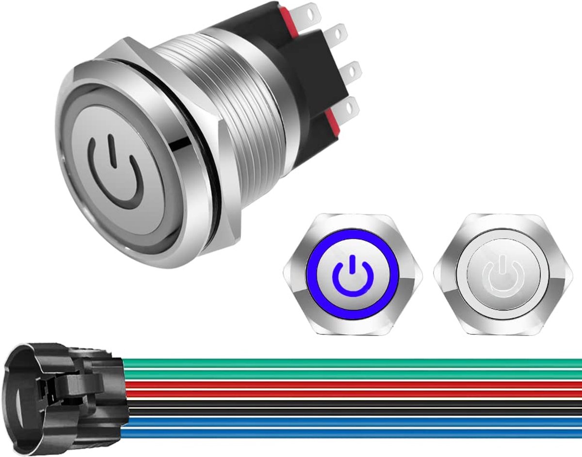 GUUZI 220V-230V/10A 22mm Locking Push Button NO/NC Waterproof Blue/White LED Light Illuminated Metal Power Start Push - ShopVlot