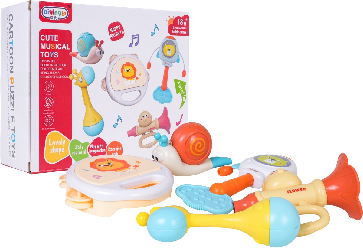 Playos® - Muziekset voor Peuters - 18+ Maanden - Fluit, Rammelaar, Drum en Trompet - Muzikaal Speelgoed - Zintuigelijk Speelgoed - Dreumes - Baby Speelgoed - Sinterklaas