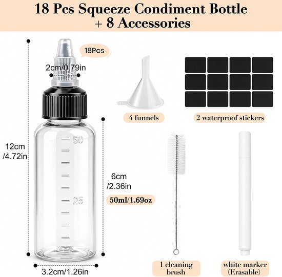 18 Stuks 50ml Knijpflessen met 8 Accessoires, Kleine Sausflessen - ShopVlot — afbeelding 2