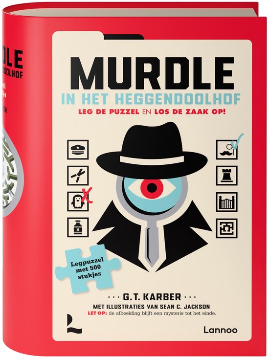 Boek "Murdle in het heggendoolhof" met een puzzelafbeelding van een detective met vergrootglas, hoed, oog en 500 stukjes.