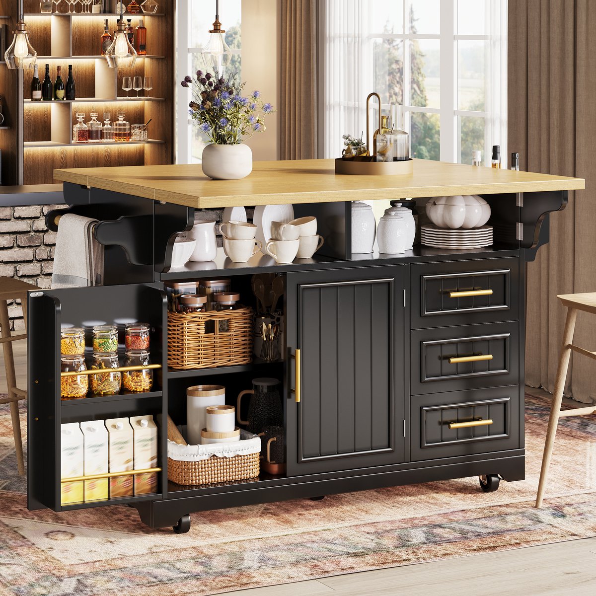 Keukenkast – Uitklapbare Werkbladen – 120 x 40 x 95 cm – MDF en Metaal – Zwart – Op Wielen – Met 3 Laden