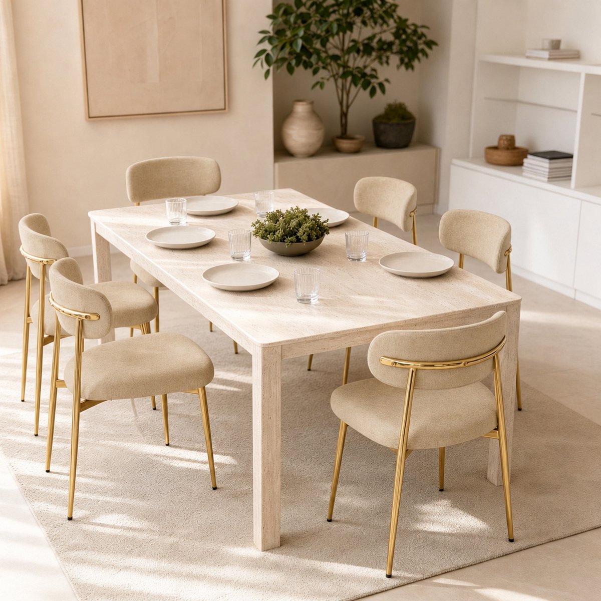 STILVORA Eetkamerstoel - Set Van 6 - Gestoffeerd Met Gebogen Rugleuning - Voor Eetkamer En Keuken - Polyester En Metaal - Bruin Goudkleurig Beige