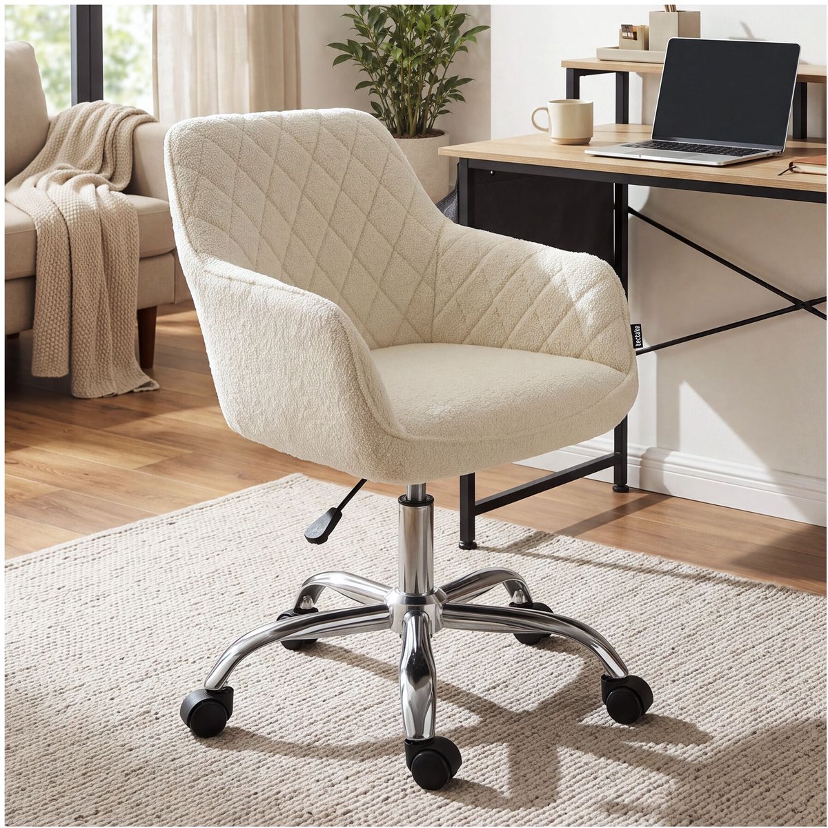 tectake® Bureaustoel - 360° Draaibaar - Gestoffeerde Eetkamerstoel op Wieltjes - Bouclé Bekleding - In Hoogte Verstelbare Draaifauteuil - Ergonomische Draaistoel met Armleuningen - Eetkamerstoel met Wielen - Wit