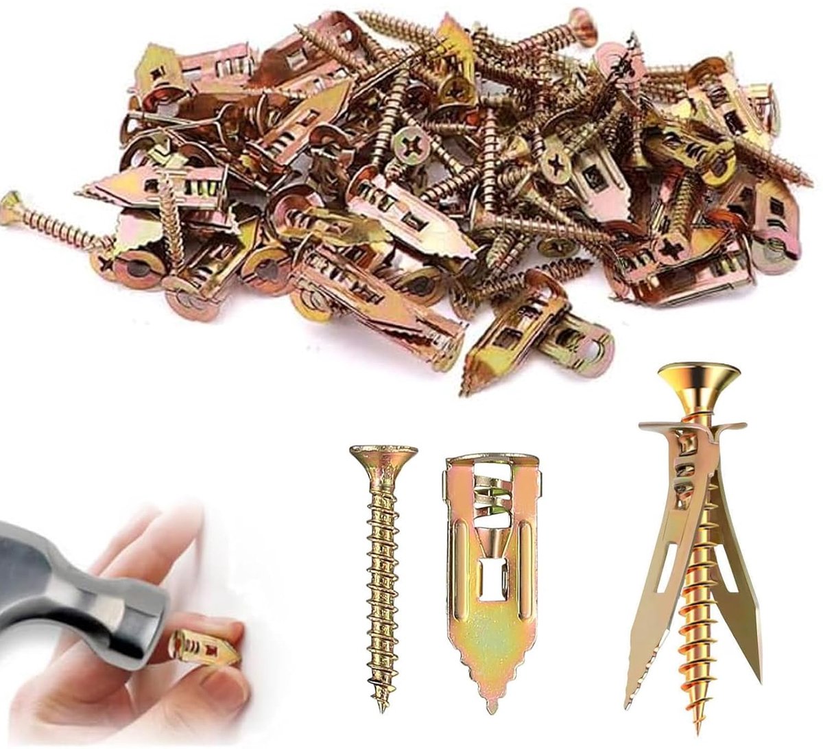 Pack of 50 Plasterboard Plugs with Screws, Drywall Plugs Set, Hammer in Stretch Screw, No Drilling or Hole in the Wall - ShopVlot