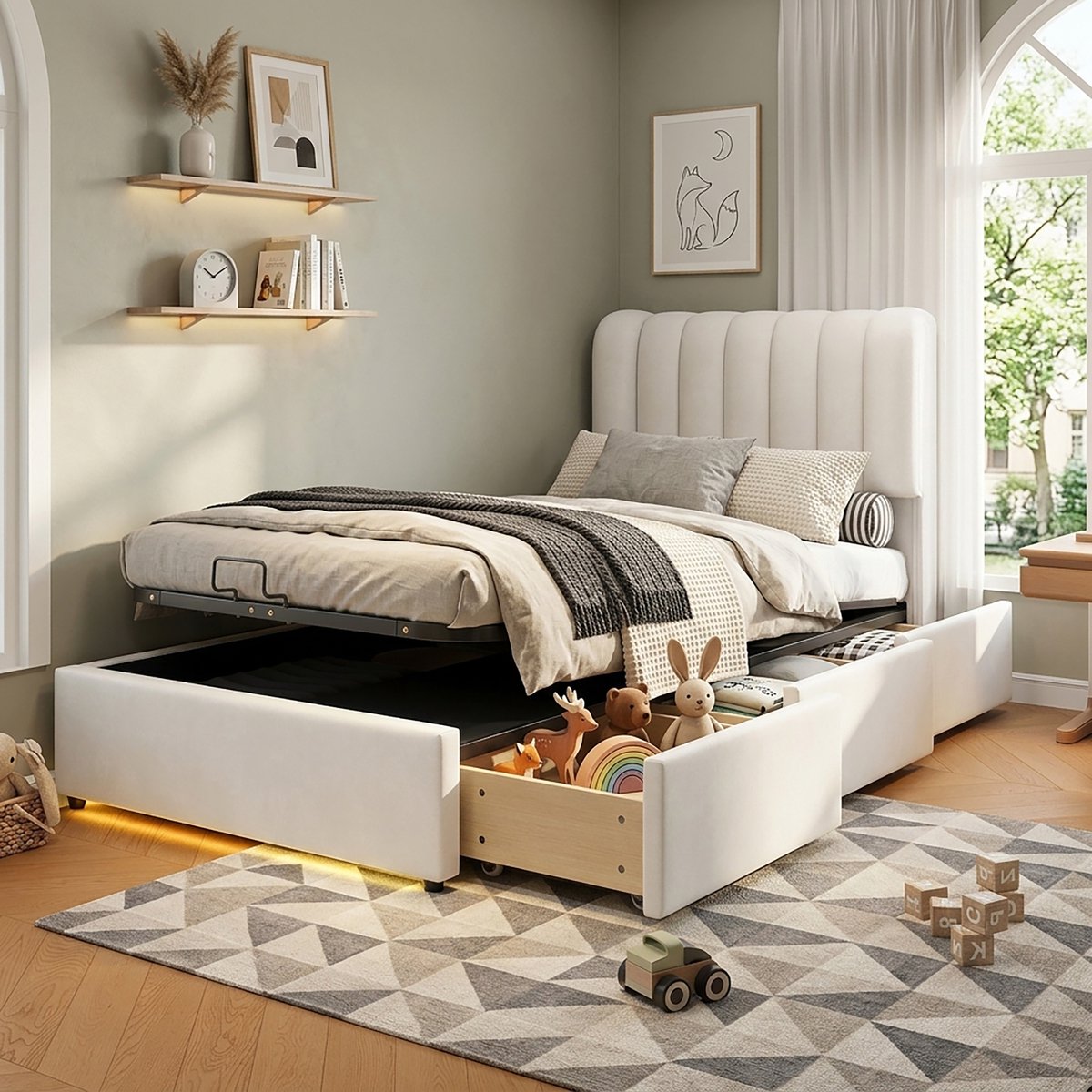 AURA LUMEN Gestoffeerd bed Eenpersoonsbed 90 x 200 cm met opbergruimte hydraulisch bed met lades LED-lampje beige