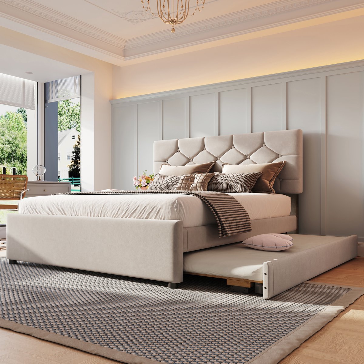 AURA LUMEN Gestoffeerd bed-Twijnfelaarbed-140x200 cm-Met uitrolbed-Knoppenopdruk-Beige