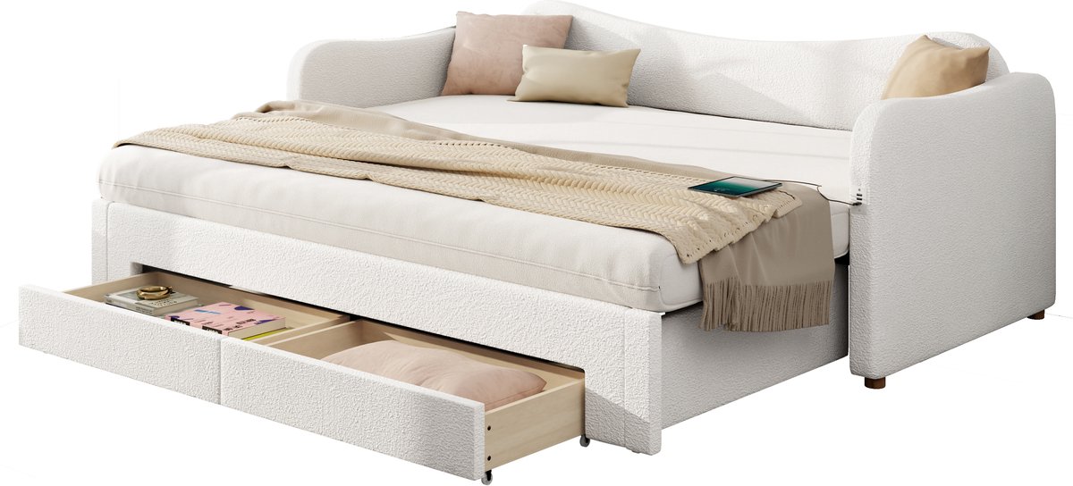 AURA LUMEN Gestoffeerd bed-Eenpersoonsbed-90 x 200 cm-Uitklapbaar naar 180 cm-Met 2 lades-USB en Type-C aansluiting-Beige Bouclé