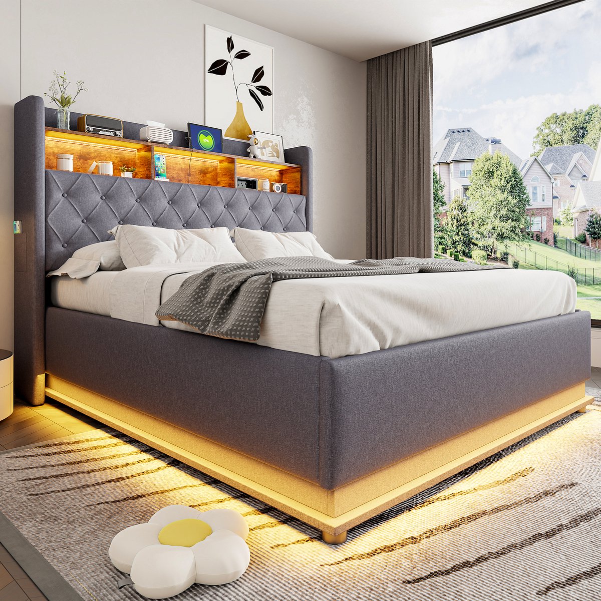 AURA LUMEN Gestoffeerd bed-Tweepersoonsbed-160x200 cm-Bed met LED en USB-Bed met opbergruimte-Hydraulisch bed-Grijs-Zonder matras