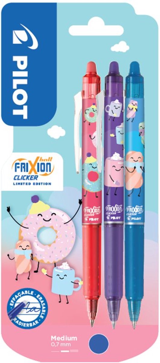 PILOT rollerpen FRIXION BALL CLICKER 07 Fancy Winter, wisbaar, blauw, 3 stuks