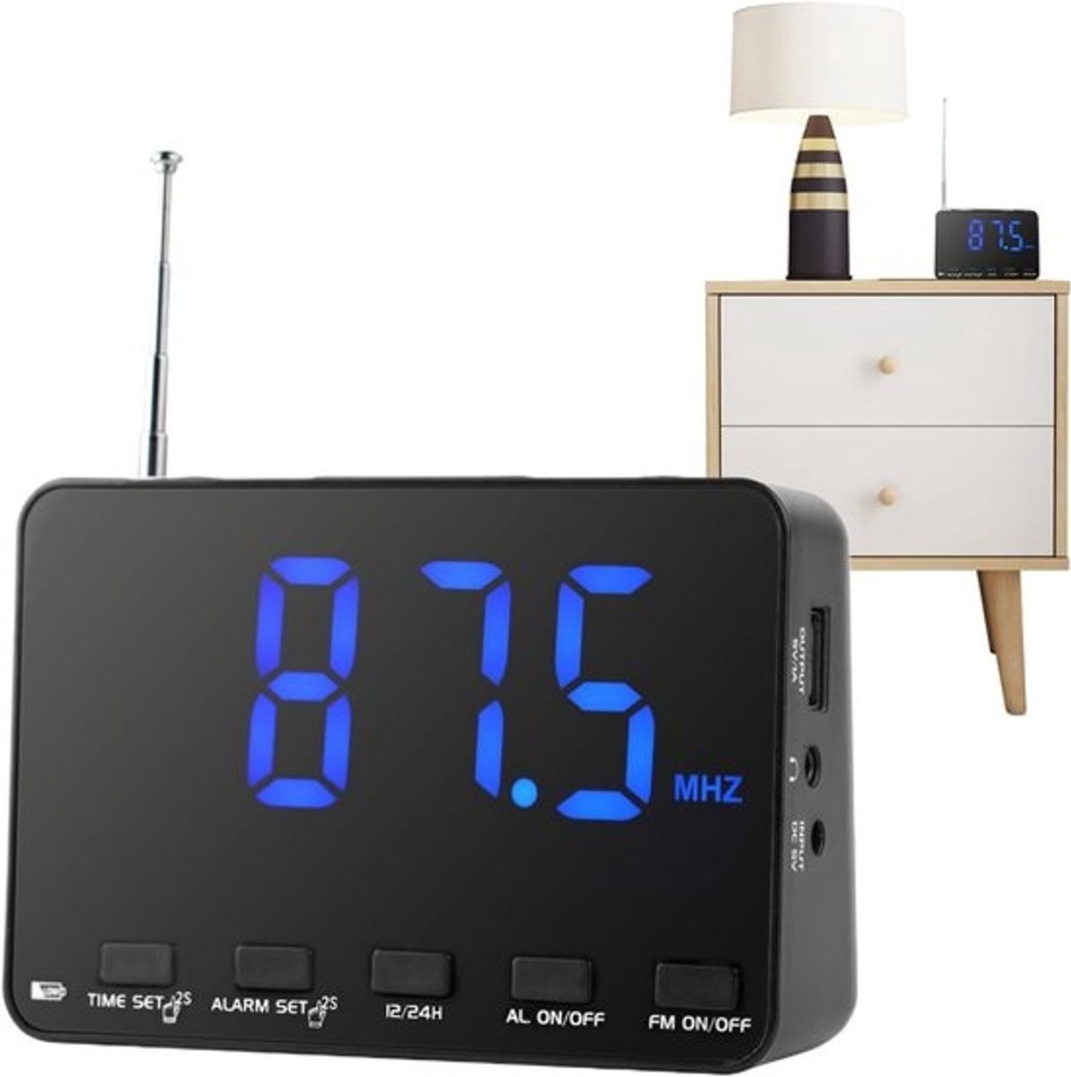 Radiowekker - FM-radio - Wekkerradio voor nachtkastje - Voor de ochtendroutine - Groot digitaal scherm - 12x8.5x4.7 cm - Zwart