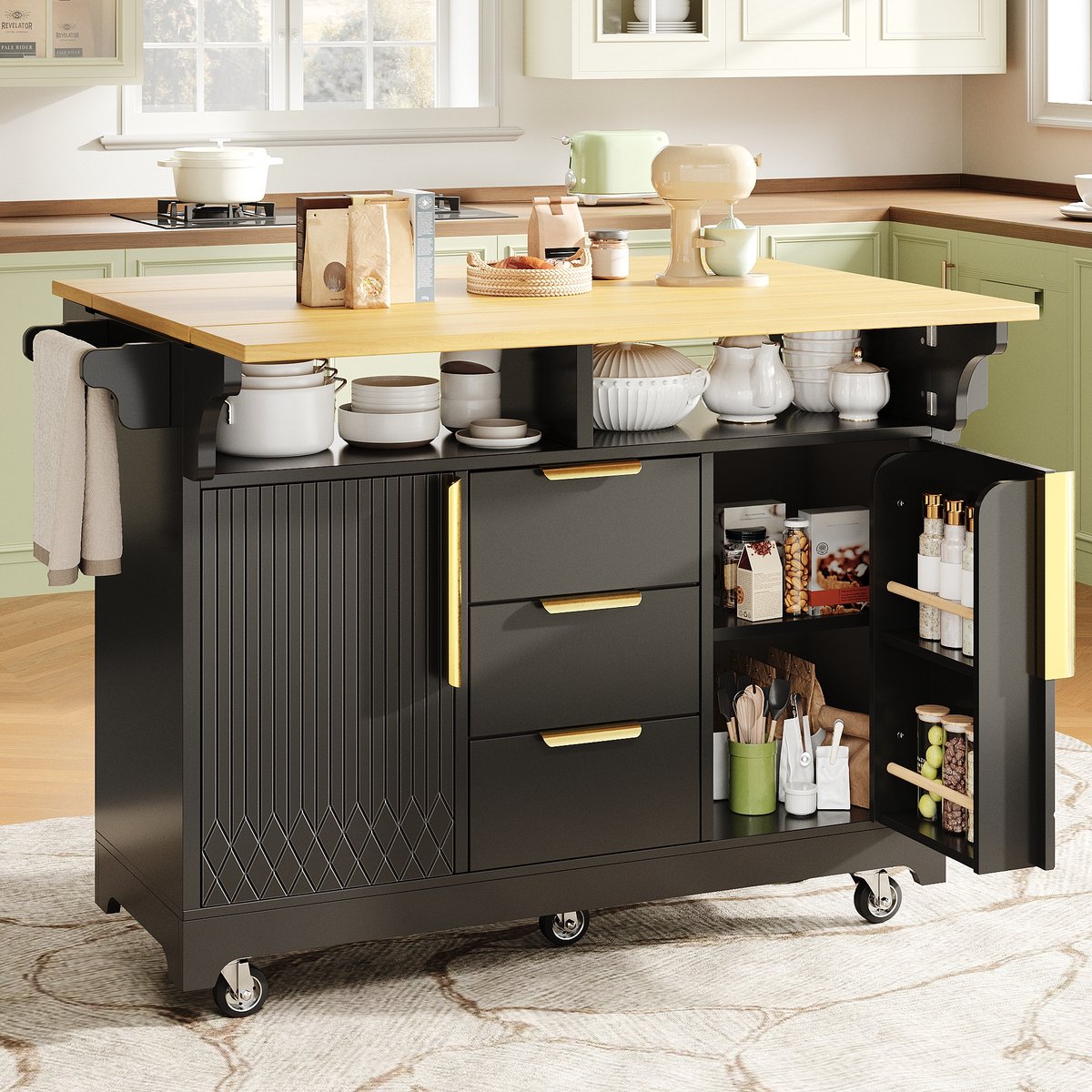MIVRAY Keukenkast - Mobiel Keukeneiland Met Opklapbare Bladen En 3 Laden - Voor Keuken En Eethoek - MDF En Metaal - 120x40x95 Cm - Zwart
