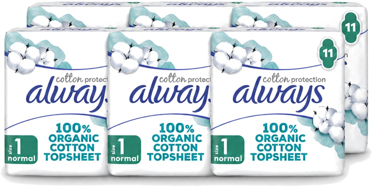 6 x Always – Maandverband – Bio Cotton Protection Ultra Normal met Vleugels – 11 stuks - Voordeelverpakking - 6 stuks