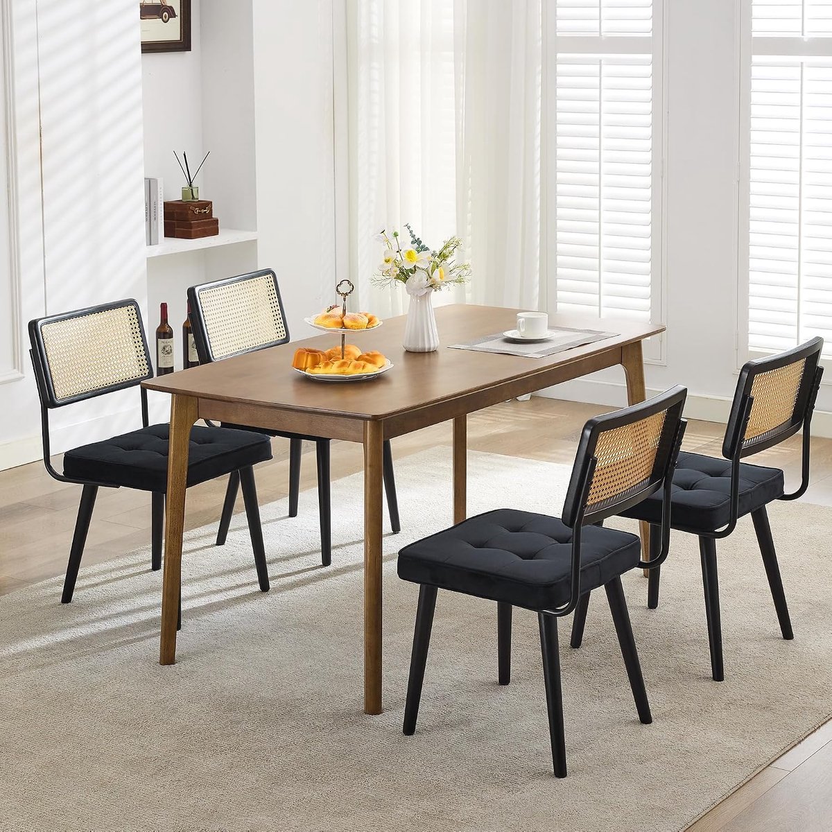 Rotan Eetkamerstoelen Set van 4 - Hoge Cane Stoelen Zwart Hout & Linnen