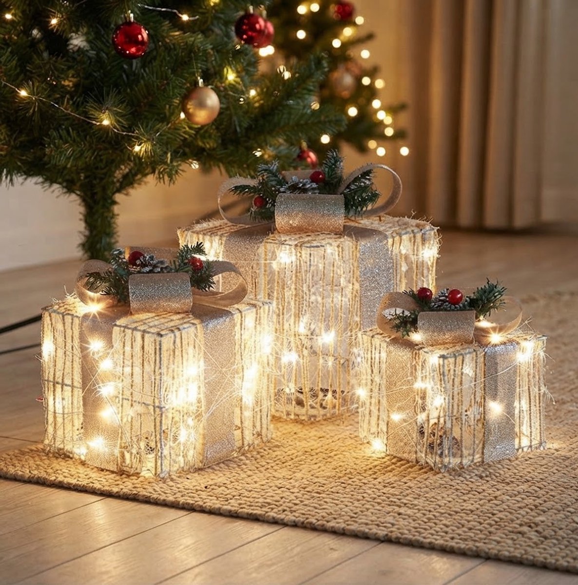 Meedeer Set van 3 led-geschenkdozen-Decoratieve geschenkdoos-Kerstdecoratie-Met strik-kerstverlichting-Werkt op batterijen-Voor kerstdecoratie buiten en binnen(Wit)