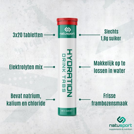 Tube Natusport Hydration Drink Tabs met aanduidingen voor 20 tabletten, suikerarm en frambozensmaak.