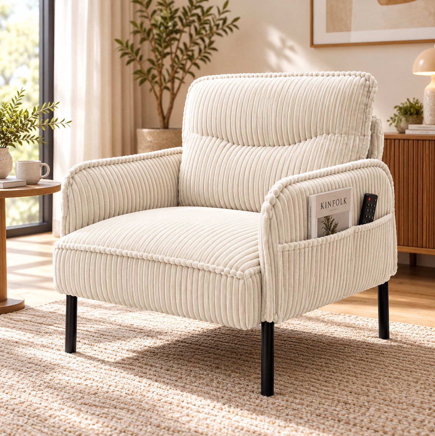 STILVORA Fauteuil 69 x 73 x 83 cm - 1-Zits met Hoge Rugleuning, Armleuningen en Zijvakken - Woonkamer en Slaapkamer - Cordstof - Beige Crème