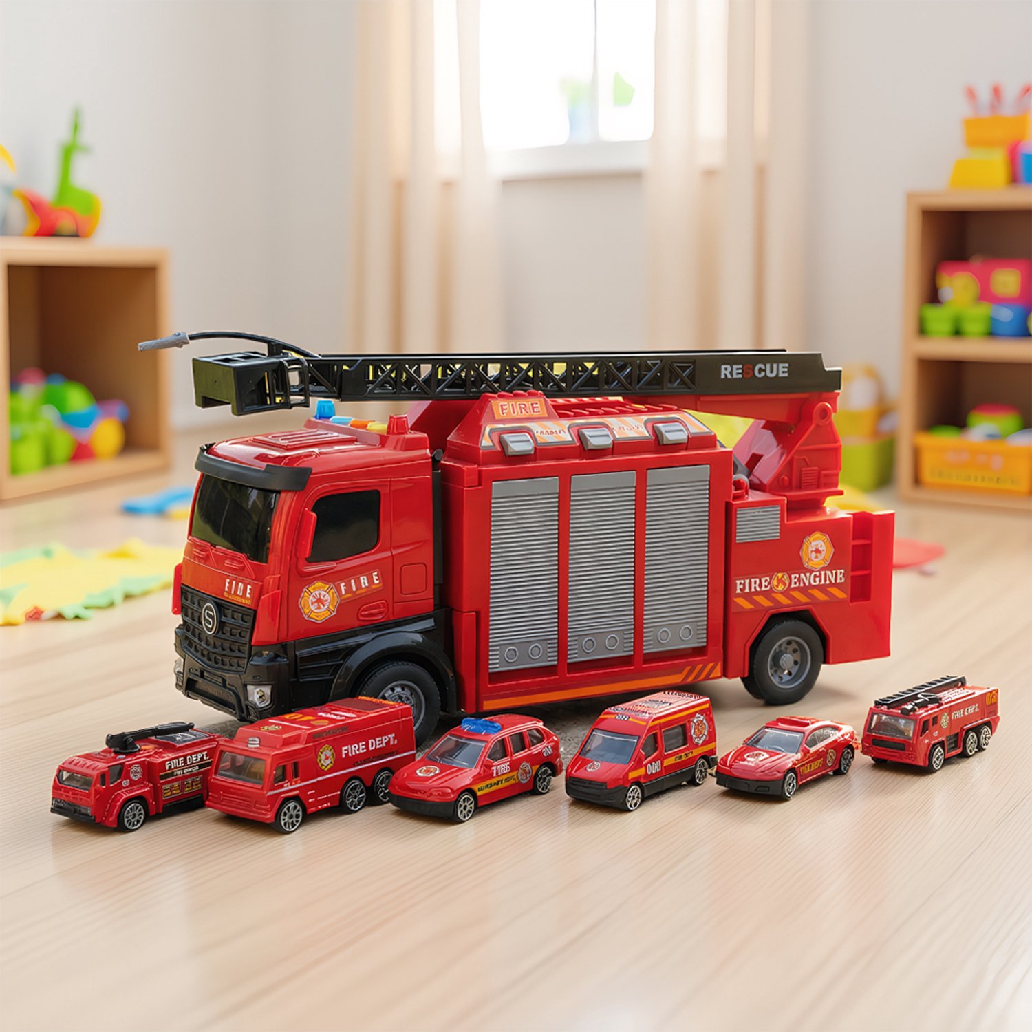 Brandweerauto Set - Brandweerwagen - Reddingsvoertuig - Brandweerauto Speelgoed - Transportvoertuig - Reddingsspel - Inertie - Licht & Geluid - Uitschuifbare Ladder & Waterkanon - Kinderspeelgoed - Rollenspel - Voor Kinderen Vanaf 3 Jaar – foto 7
