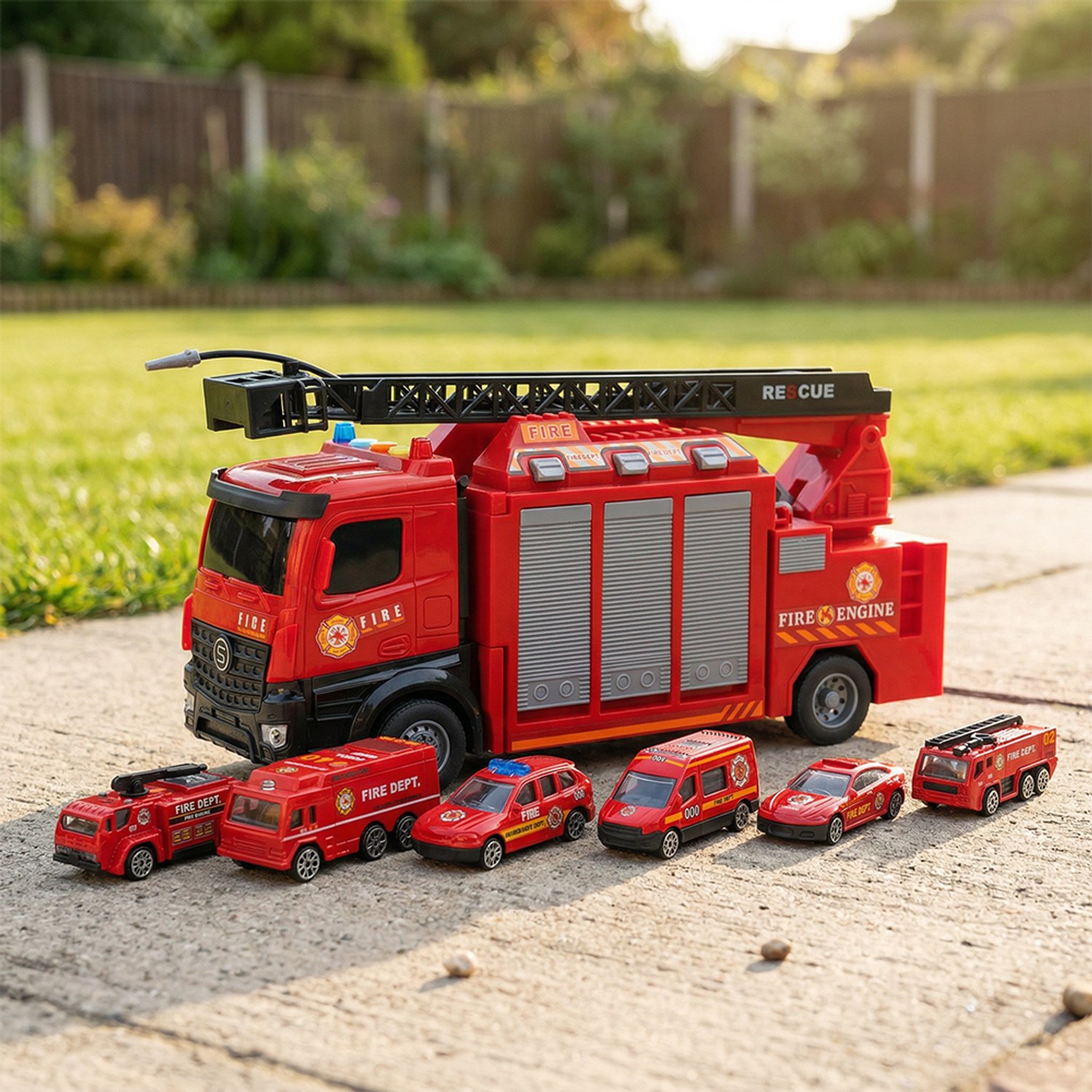 Brandweerauto Set - Brandweerwagen - Reddingsvoertuig - Brandweerauto Speelgoed - Transportvoertuig - Reddingsspel - Inertie - Licht & Geluid - Uitschuifbare Ladder & Waterkanon - Kinderspeelgoed - Rollenspel - Voor Kinderen Vanaf 3 Jaar – foto 4