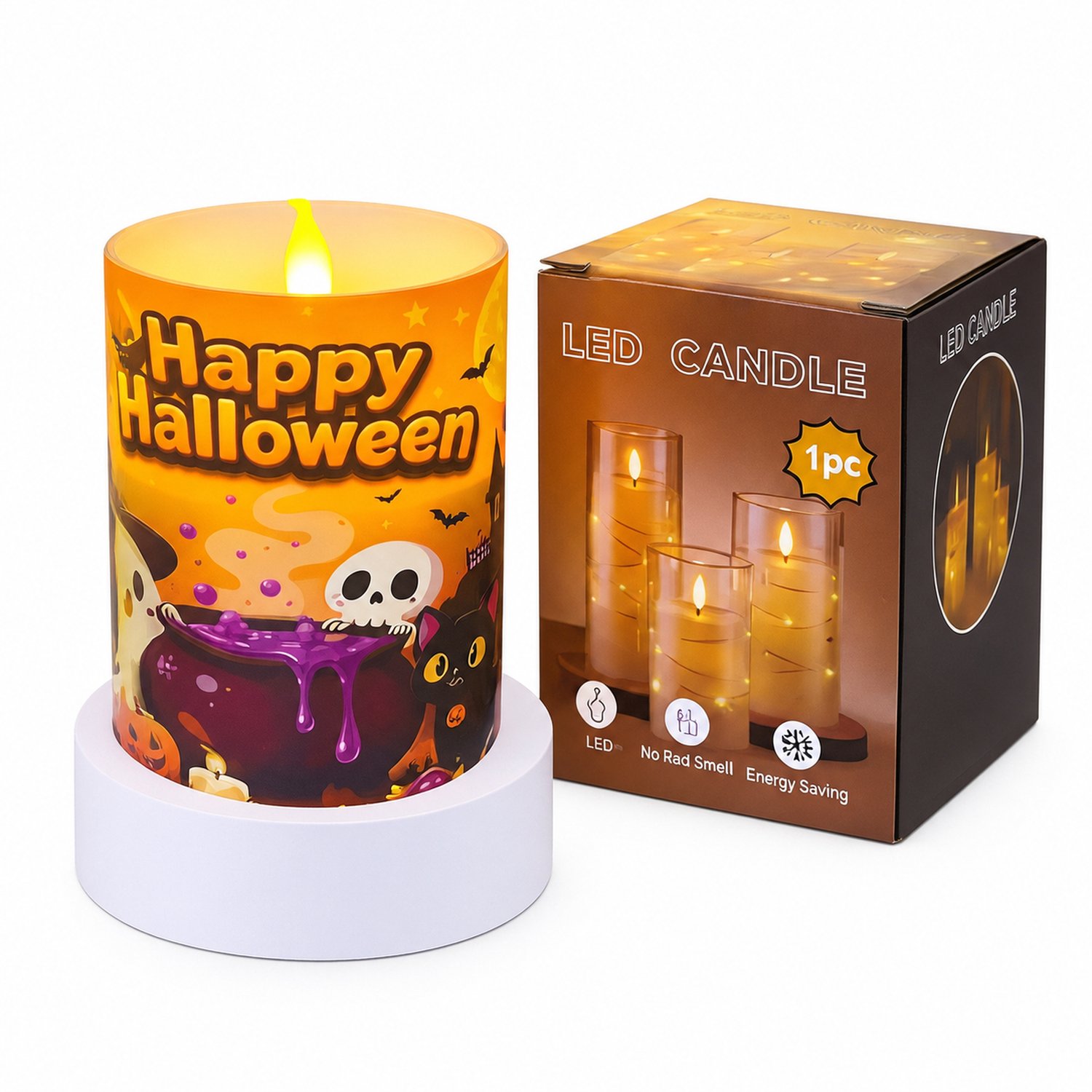 SWGOTA led kaarsen voor Halloween - 1 stuk, 7,5 x 10 cm, warm licht en vlamvorm, decoratie voor binnen, in doos zonder batterijen Bruin