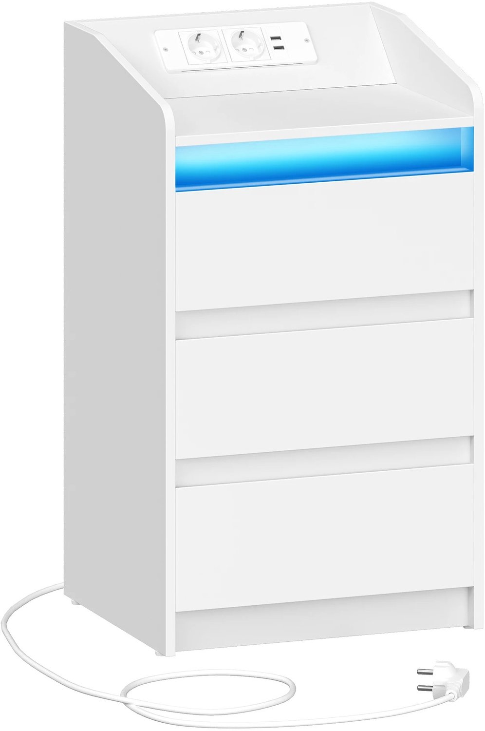 MokoHub Nachtkastje met 3 Laden - Bijzettafel met Oplaadstation, LED-verlichting, AC- en USB-poorten - 40.5x35.5x68.5 cm - Wit