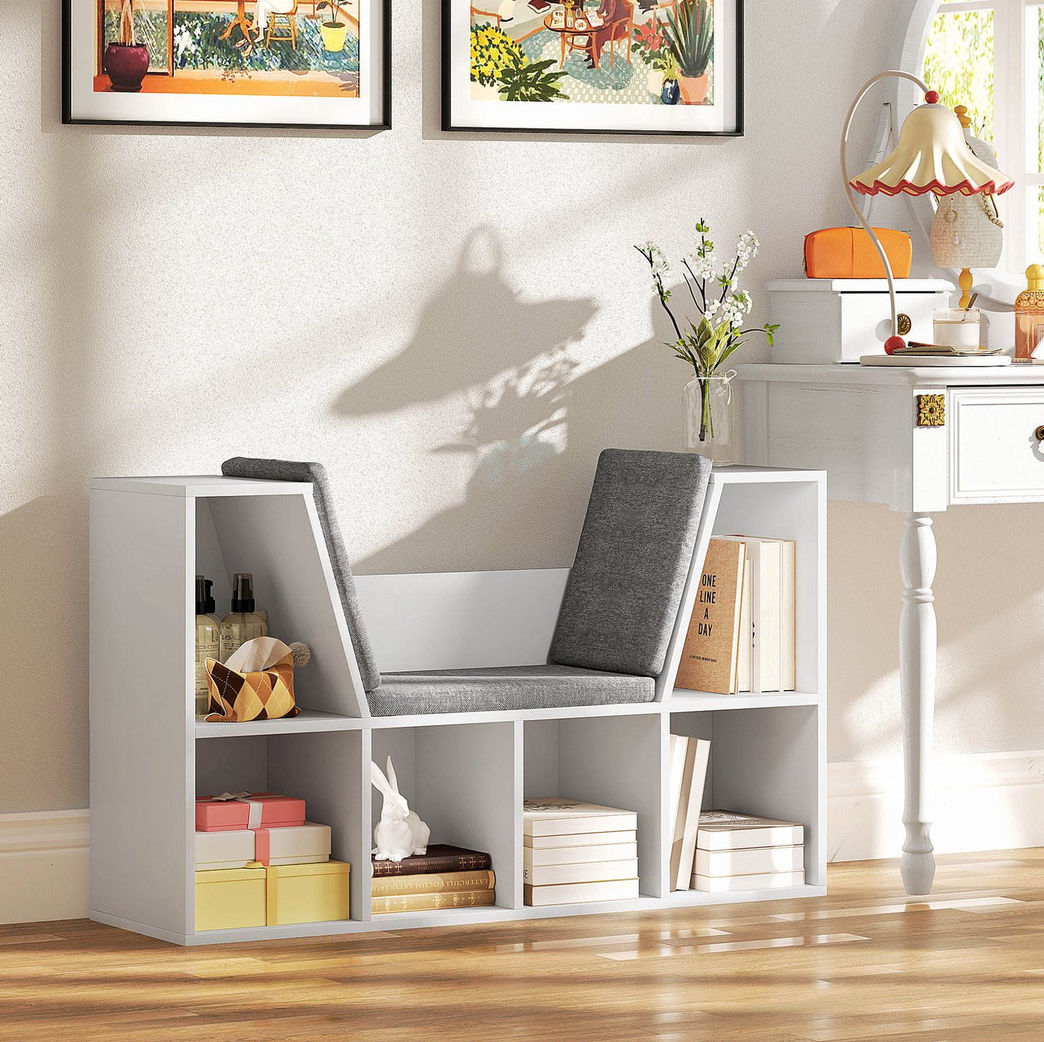 MODFU Boekenkast Met Zitkussen - 6 Open Vakken - Spaanplaat - Wit - 105 X 30 X 63 Cm