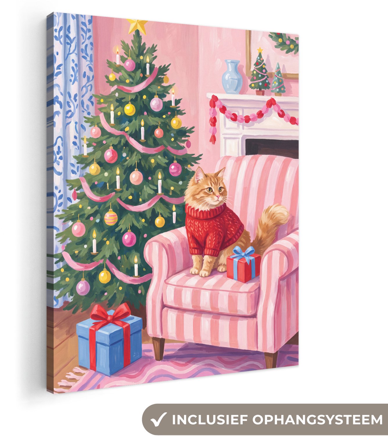 Canvas schilderij 60x80 cm - Exclusieve wanddecoratie Kat - Kerst - Interieur - Muurdecoratie woonkamer - Slaapkamer decoratie - Kamer accessoires - Schilderijen op canvas - Kerstdecoratie voor binnen - Kerstversiering - Kerstmis versiering