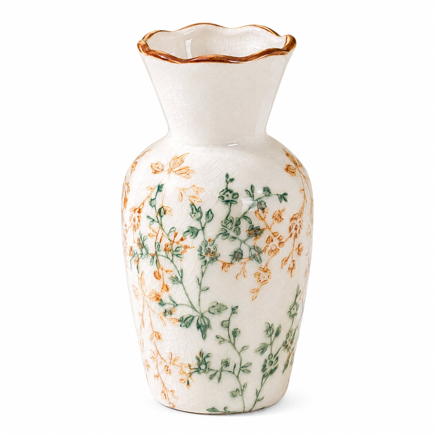 SWGOTA Keramische vaas met craquelé en plantmotief - Golvende trompetmond - Voor kunstbloemen - Verpakt in piepschuim Wit