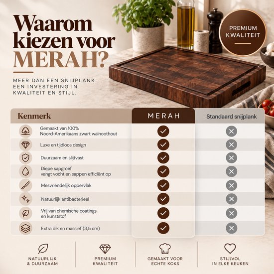 Vergelijkingstabel van de Merah walnoothouten snijplank met standaard snijplanken.