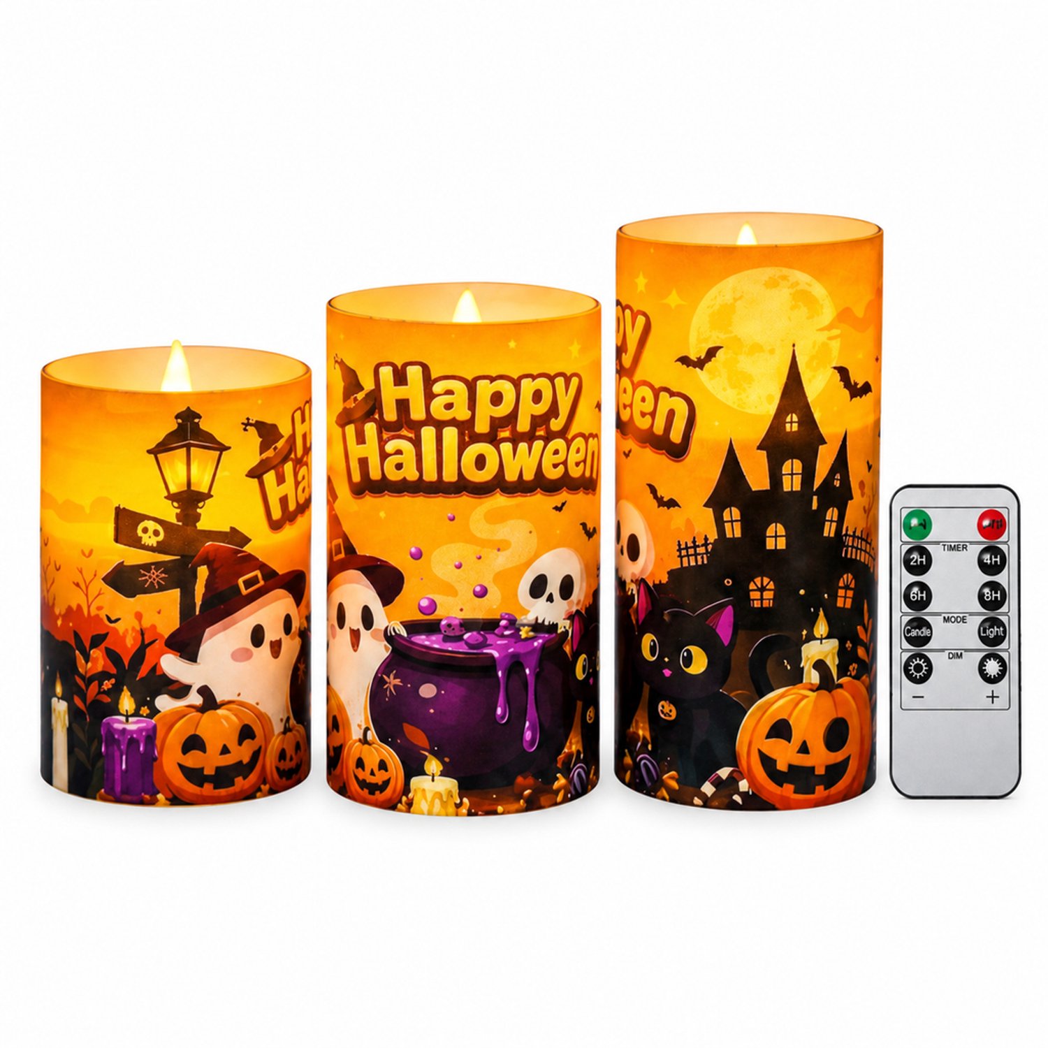 SWGOTA led kaarsen voor Halloween, set van 3, oplaadbaar met afstandsbediening, warm licht en spookmotieven Bruin