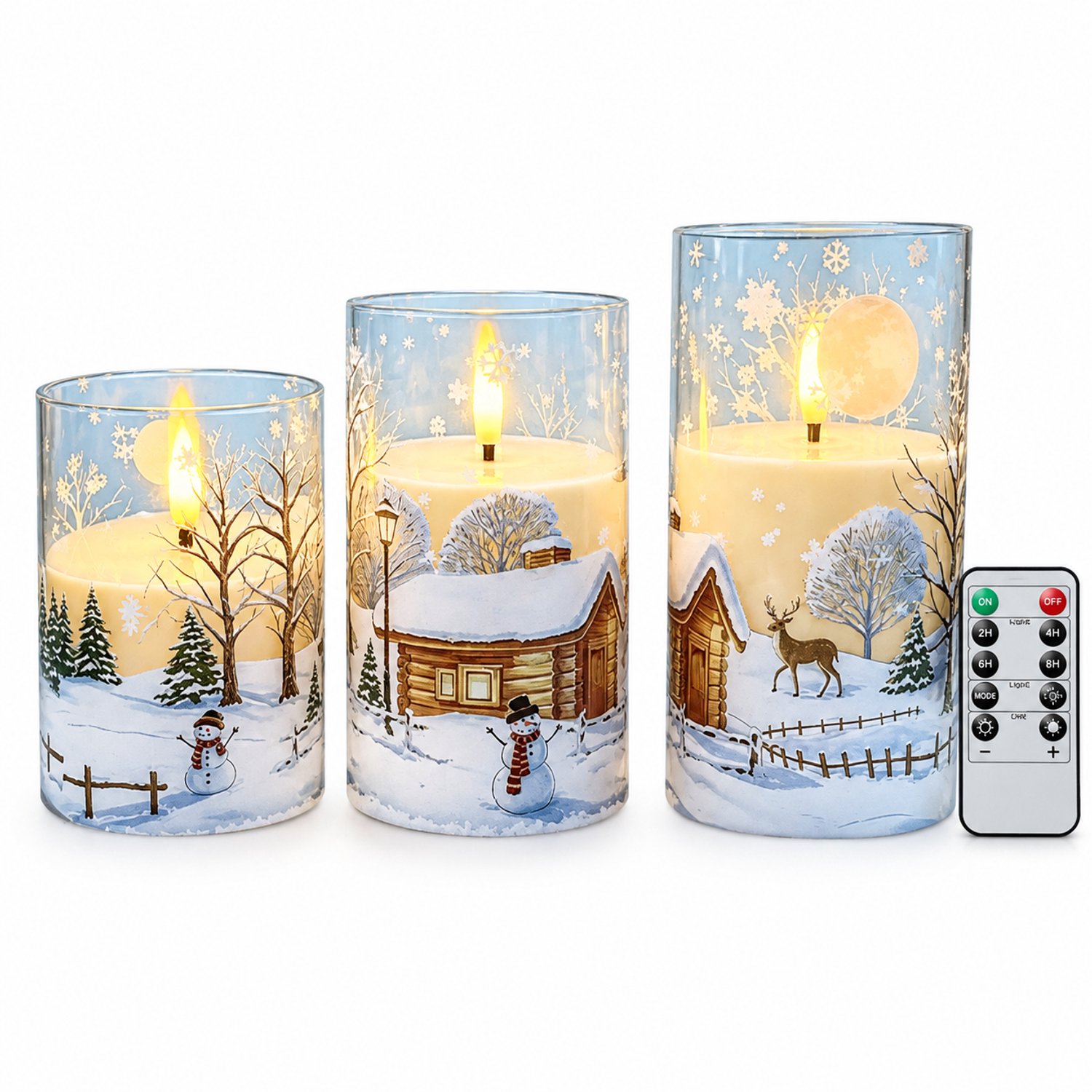 SWGOTA led kaarsen, set van 3 met besneeuwd kersttafereel en afstandsbediening, warm licht, op batterijen, exclusief batterijen Bruin