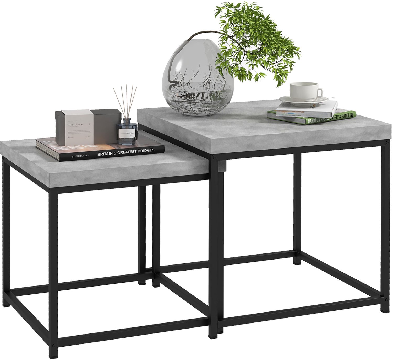 Lunpog Vierkante salontafel, set van 2 voor de woonkamer, bijzettafels in loft-design, in elkaar schuifbaar, banktafels van hout en staal, modern, ruimtebesparend, grijs