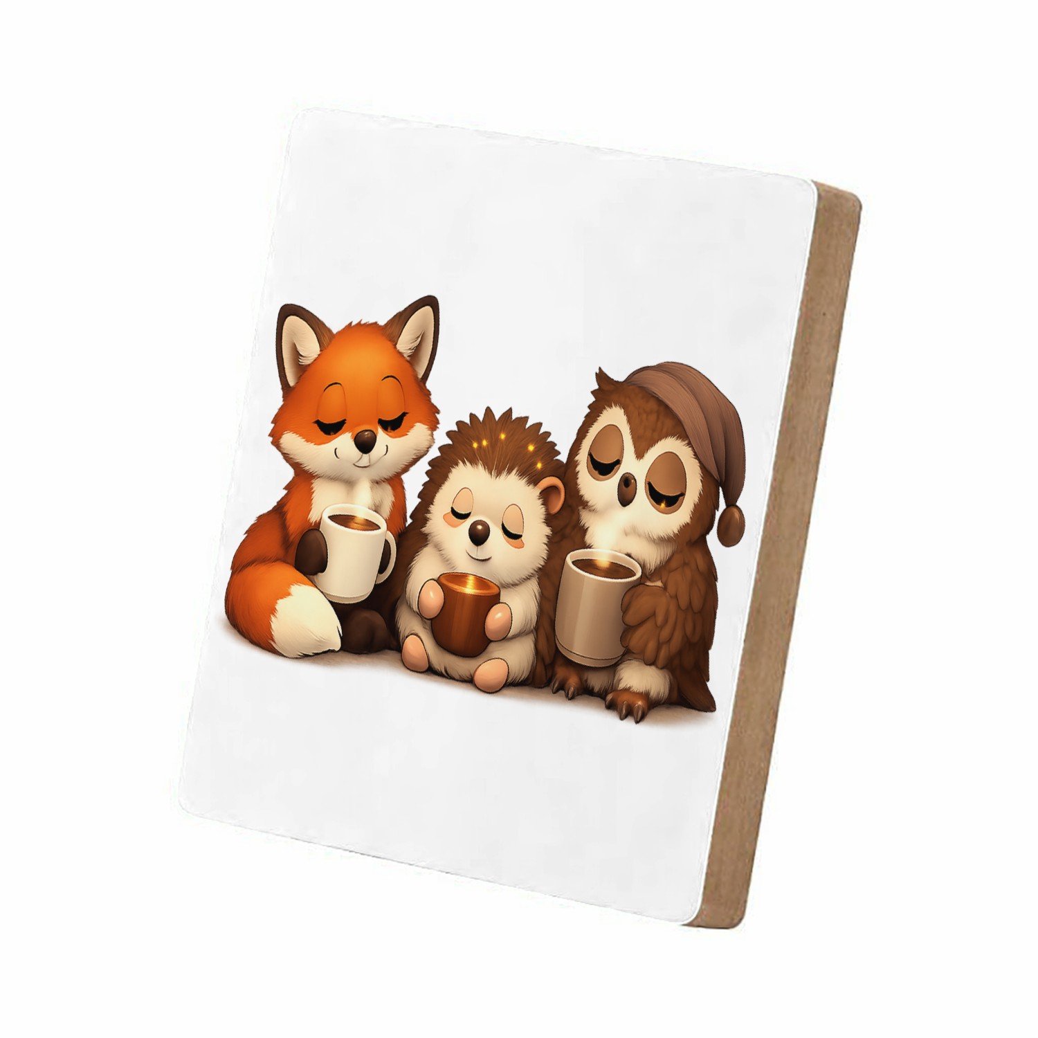 Mr Cadeautjes MDF staande fotolijst 15,2 x 15,2 - design Een warme reeks van slaperige bosdieren met een ochtenddrank | cadeau Wit