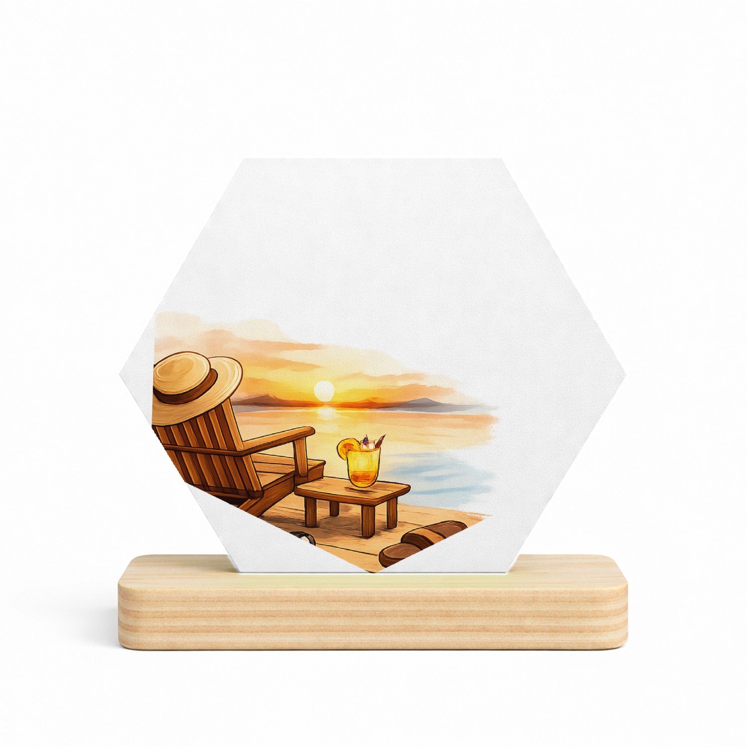 Mr Cadeautjes MDF fotolijst/inleg hexagon 14 x 13 - design Een vrolijke vrije-tijdsscène in een ligstoel op het strand | cadeau Wit
