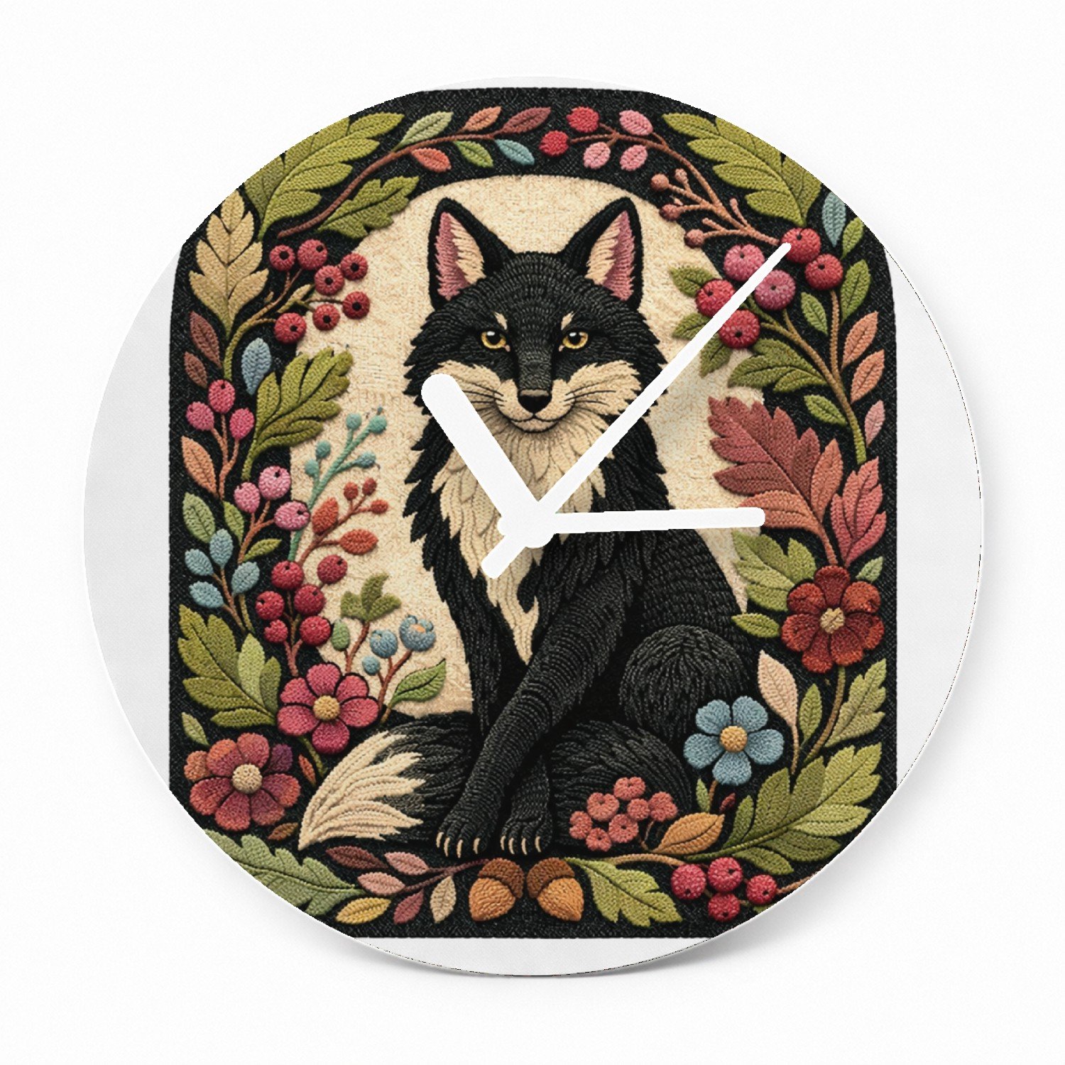 Mr Cadeautjes Glazen klok Ø 20 - design Een vos in een sierlijke seizoensrand met herfstbladeren, be | cadeau Wit