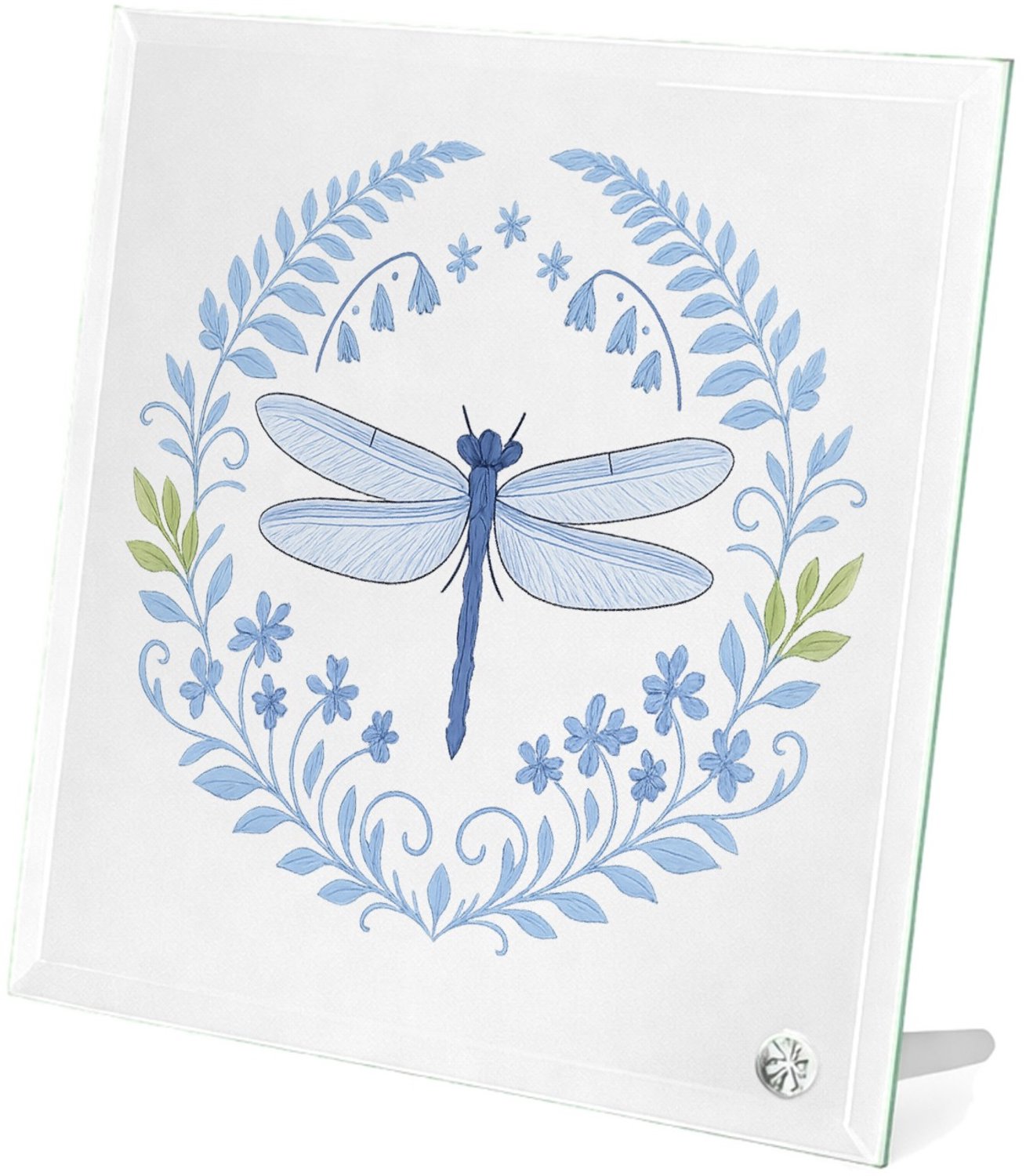 Mr Cadeautjes Glasframe 20 x 20 - design Serene bosrand met libellen en varens in een verfijnd blauw| cadeau Wit