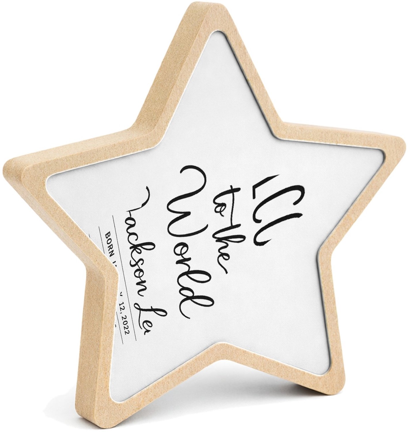 Mr Cadeautjes MDF fotolijst ster 14 x 13,5 - design Minimalistische familie-aankondiging met één groot kernwoord | cadeau Wit