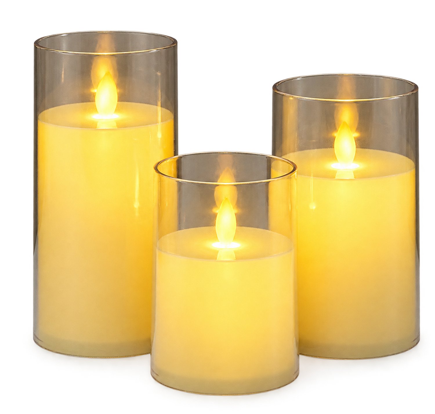 SWGOTA led kaarsen met bewegende vlam, set van 3, ivoorkleurig met warme gloed en transparante behuizing, 7,8 x 10/12,5/15 cm, op batterijen