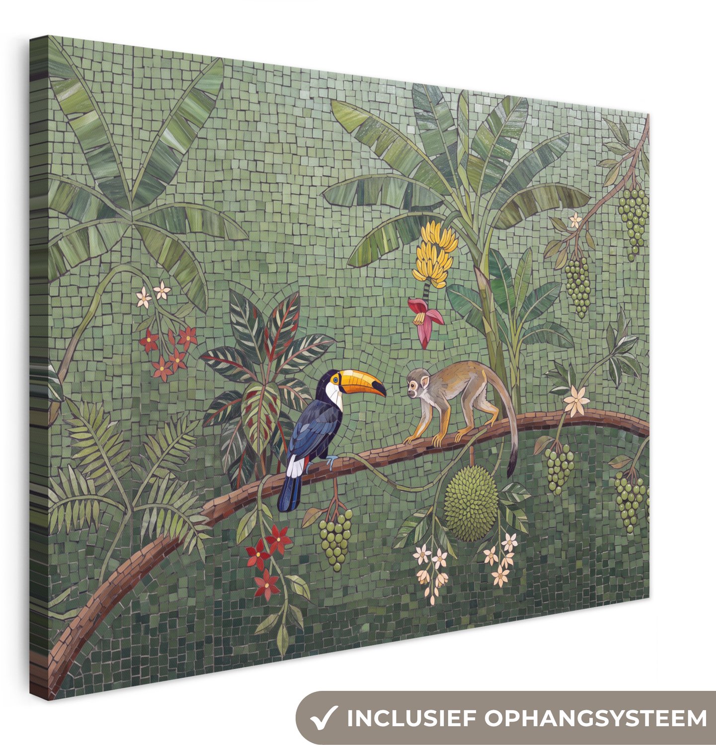 Canvas schilderij 80x60 cm - Exclusieve wanddecoratie Vogel - Dier - Jungle - Mozaïek - Natuur - Muurdecoratie woonkamer - Slaapkamer decoratie - Kamer accessoires - Schilderijen op canvas