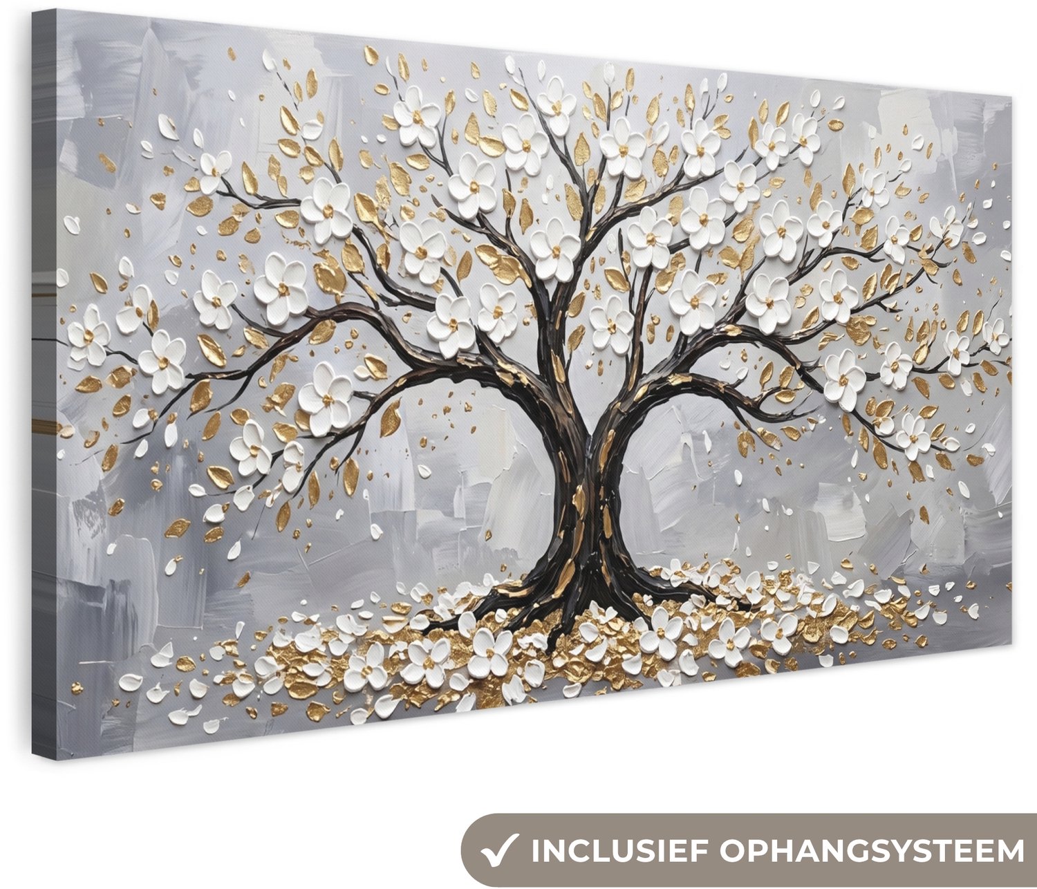 Canvas schilderij 160x80 cm - Exclusieve wanddecoratie Boom - Bloemen - Natuur - Abstract - Wit - Muurdecoratie woonkamer - Slaapkamer decoratie - Kamer accessoires - Schilderijen op canvas groot XXL