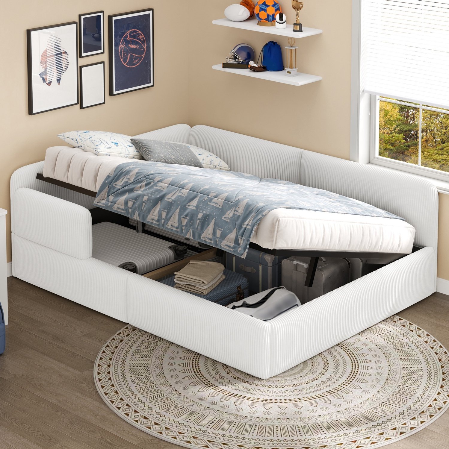 MIVRAY Gestoffeerd Dagbed 140x200cm - Slaapbank met Opbergruimte en Zijbeveiliging - Zonder Matras - Voor Gastenkamer - Ribstof - Wit
