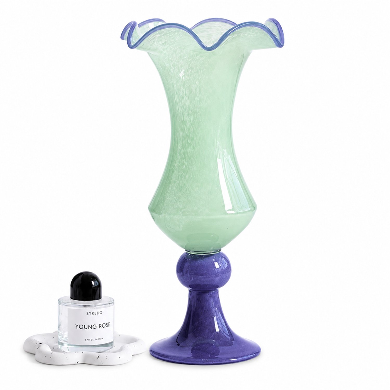 SWGOTA Blauwgroene glazen vaas op hoge voet, 39 cm hoog, golvende bloemenrand, voor kunstbloemen, in kartonnen doos
