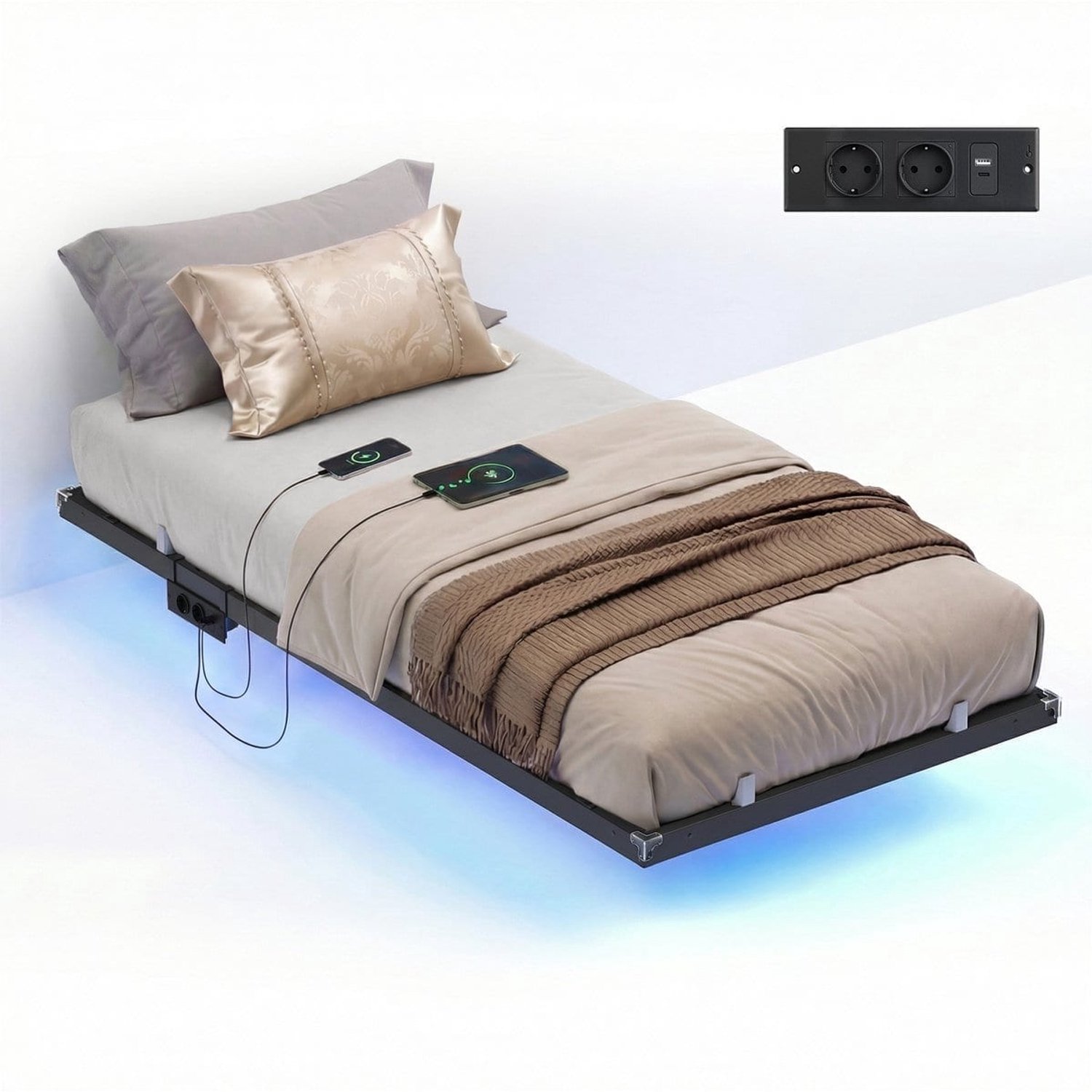 Klarven Bedframe Inktzwart - Zwevend Effect - LED-Verlichting - Stekkerblok met USB en Stopcontacten - 90x200x26 cm - Draagvermogen 250kg