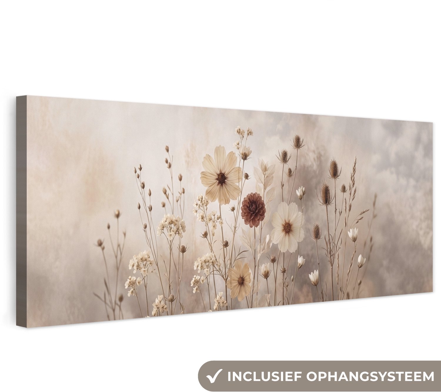 Canvas schilderij 150x50 cm - Exclusieve wanddecoratie Wilde bloemen - Botanisch - Vintage - Natuur - Rustiek - Muurdecoratie woonkamer - Slaapkamer decoratie - Kamer accessoires - Schilderijen op canvas groot XXL