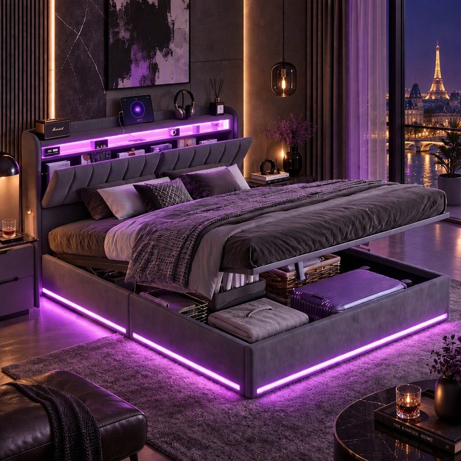 Mofor Gestoffeerd opbergbed 140x190 cm - tweepersoonsbed met RGB LED-verlichting en USB-poorten - hoofdbord met opbergplank - lattenbodem - fluwelen bekleding - grijs