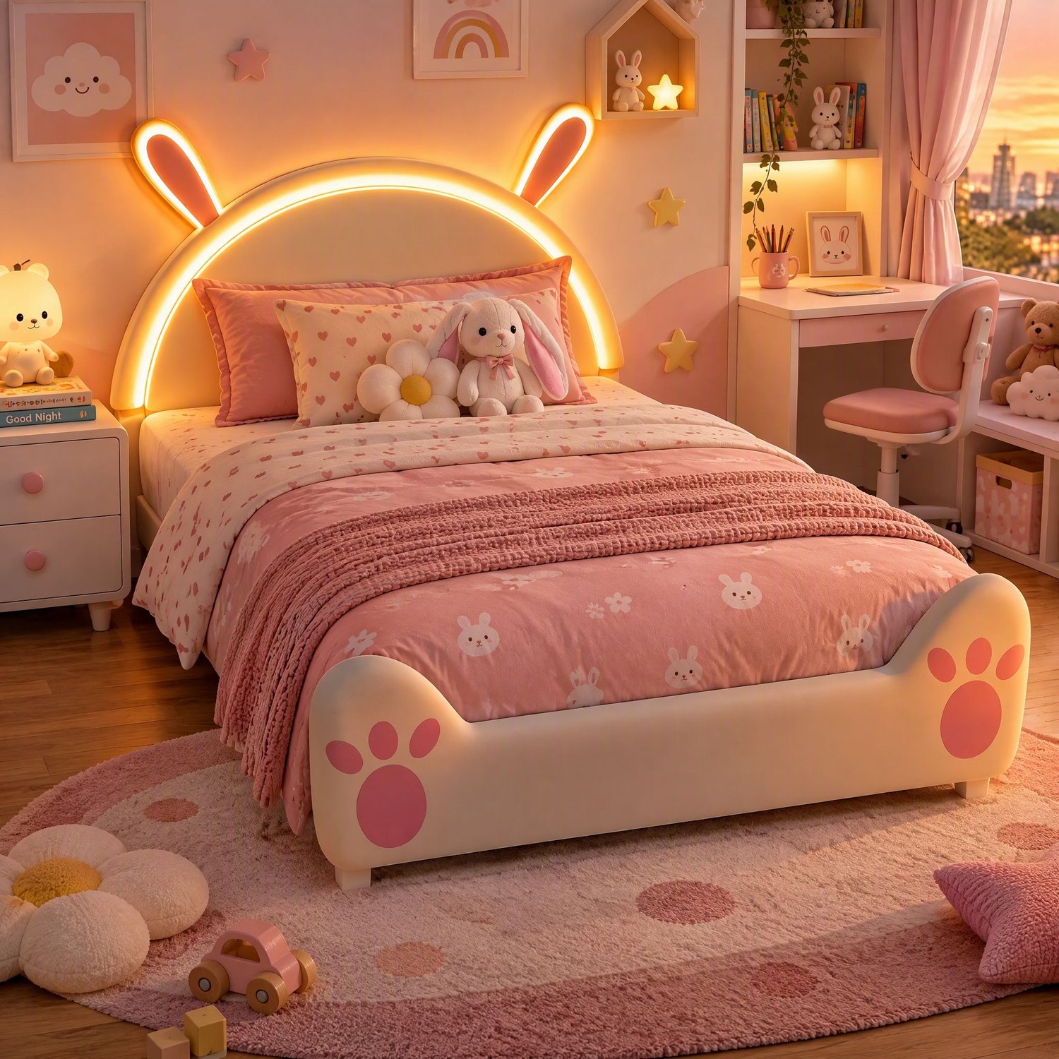 Mofor Gestoffeerd Tweepersoonsbed 140x200 cm met LED-verlichting, Konijnenorenhoofdbord en Lattenbodem - Fluweel - Wit Roze